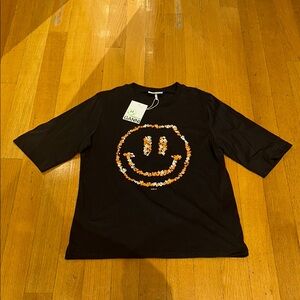 Ganni Black Smiley Face Short Sleeve Tee